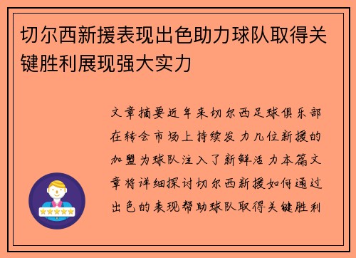 切尔西新援表现出色助力球队取得关键胜利展现强大实力